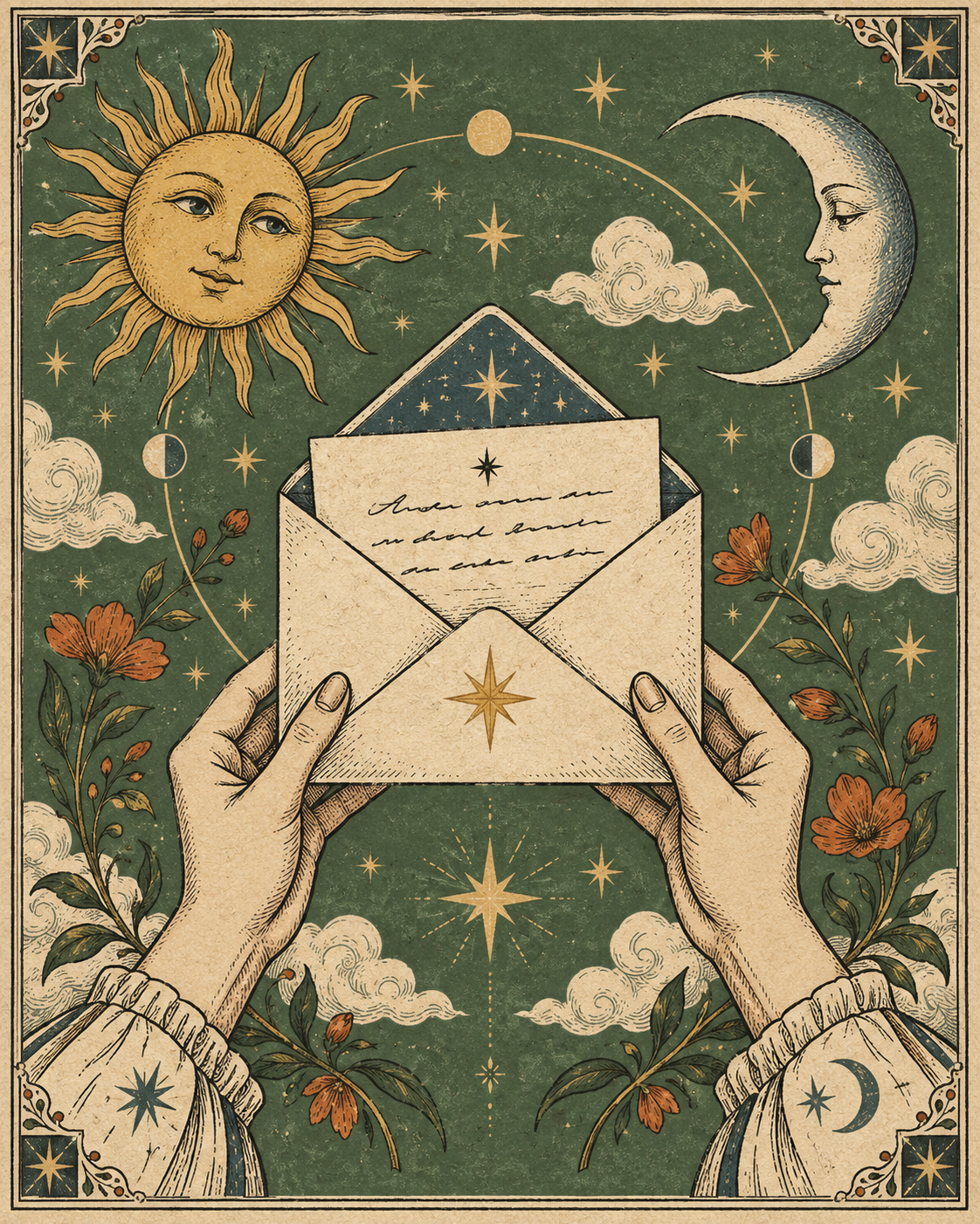 Vintage-style illustration of hands holding a letter beneath a golden sun, crescent moon and stars