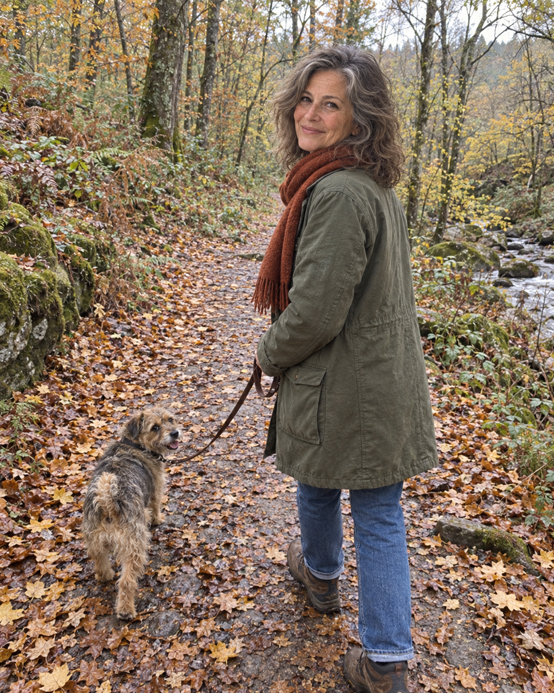 Imagined scene of Jolene walking her dog among autumn leaves
