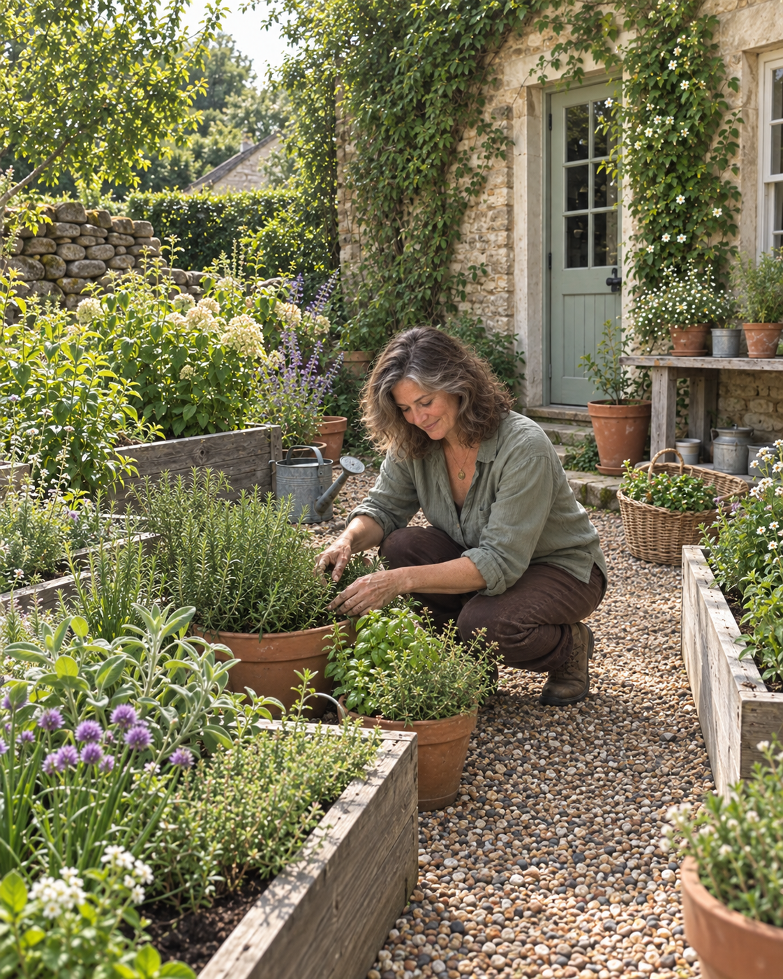 Imagined scene of Jolene tending plants in her garden