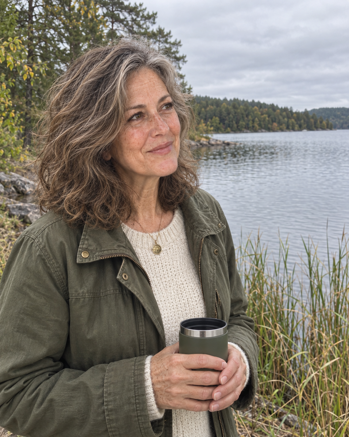 Imagined scene of Jolene enjoying a quiet moment beside a lake